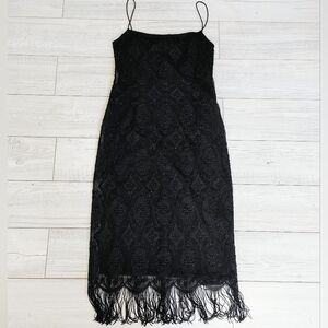 Black Beaded Midi Dress with Bottom Fringe